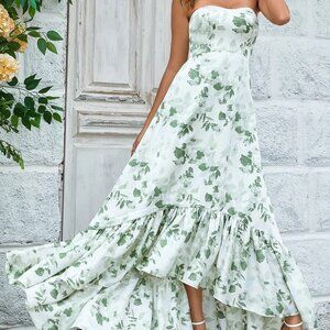 Green Asymmetrical Strapless Printed Long Bridesmaid Dress with Pocket